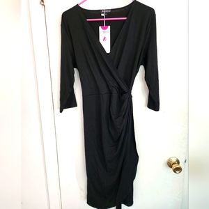 Berydress Women's Black Wrap Dress Sexy Deep V Neck 3/4 Sleeve Knee-Length